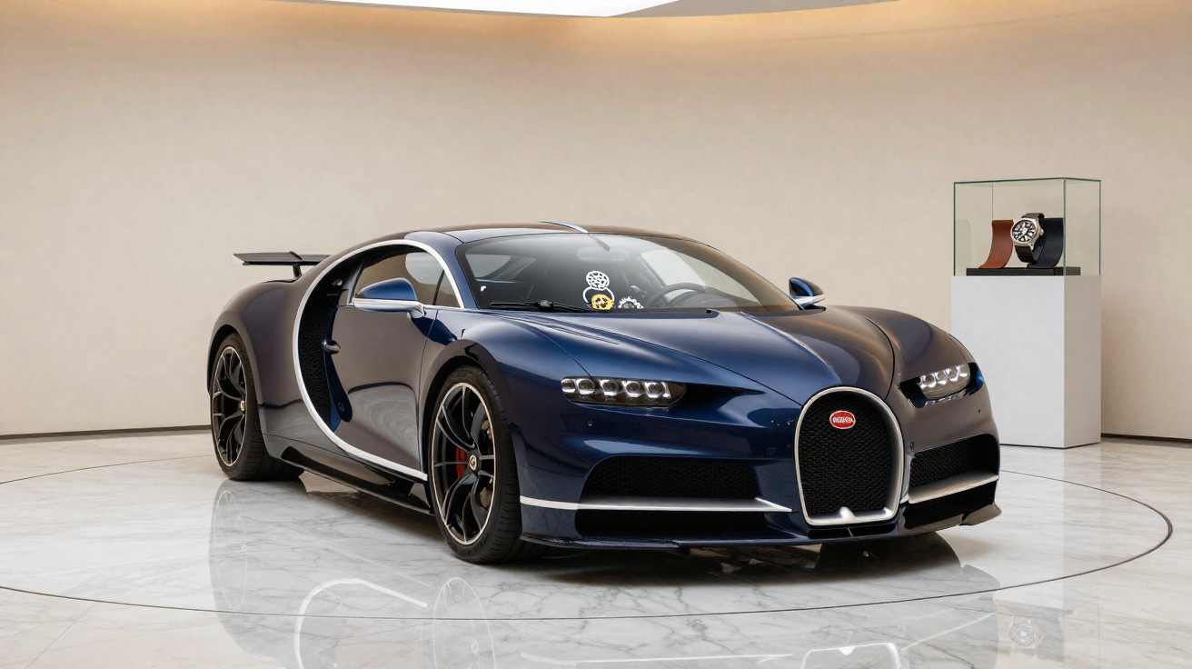 Blauer Bugatti Sportwagen in modernem Ausstellungsraum auf Marmorboden mit Vitrine im Hintergrund.