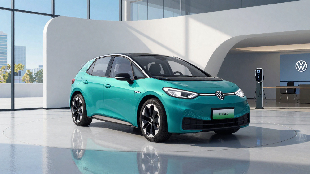 Volkswagen ID.3 Neo Elektroauto in Türkis in modernem Showroom neben Ladestation.