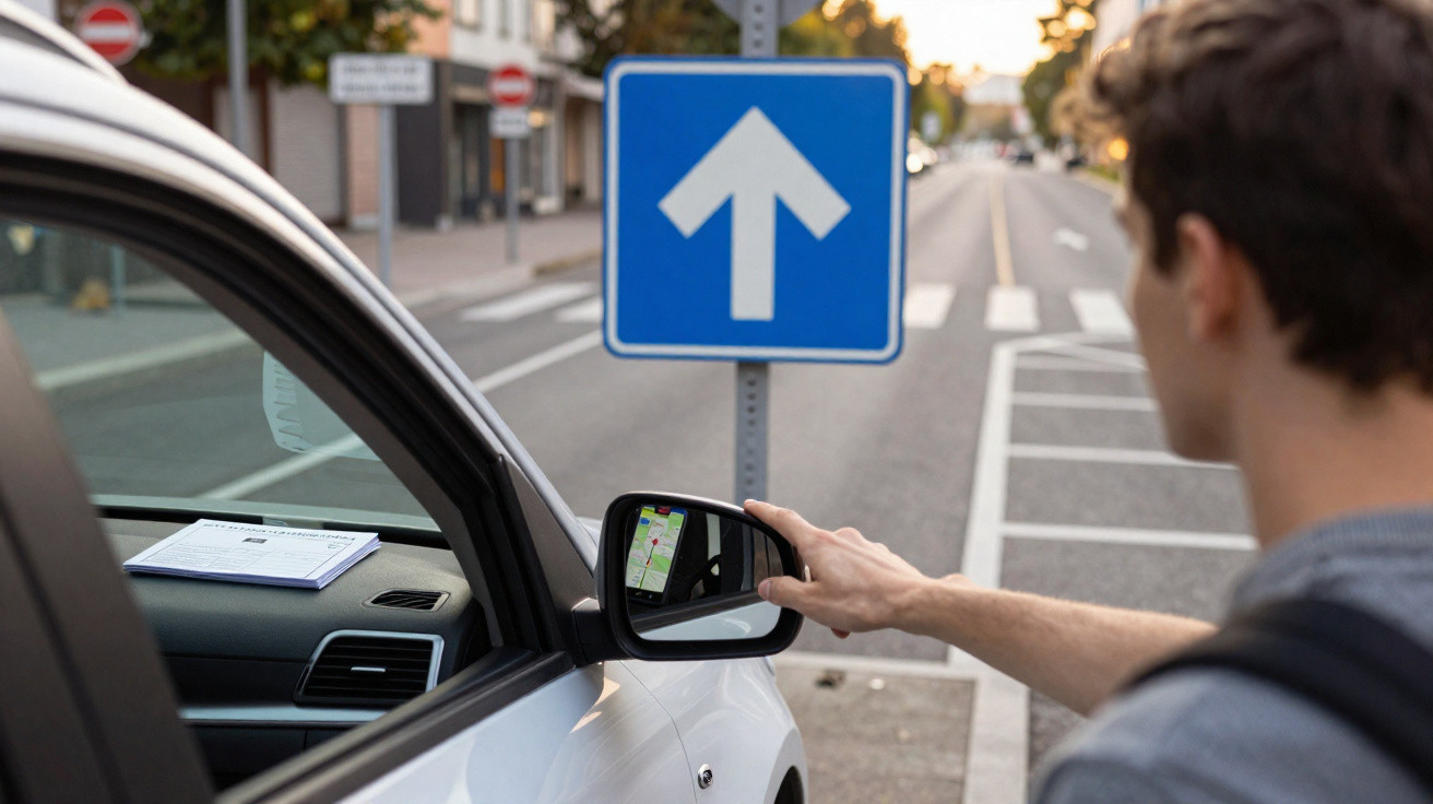 Mann justiert Außenspiegel eines weißen Autos an einem Straßenrand mit Einbahnstraßenschild im Hintergrund.