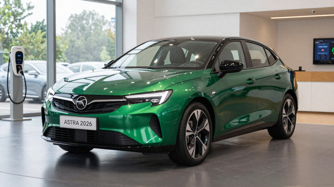 Grüner Opel Astra 2026 steht in einem Autohaus neben einer Ladestation für Elektroautos.
