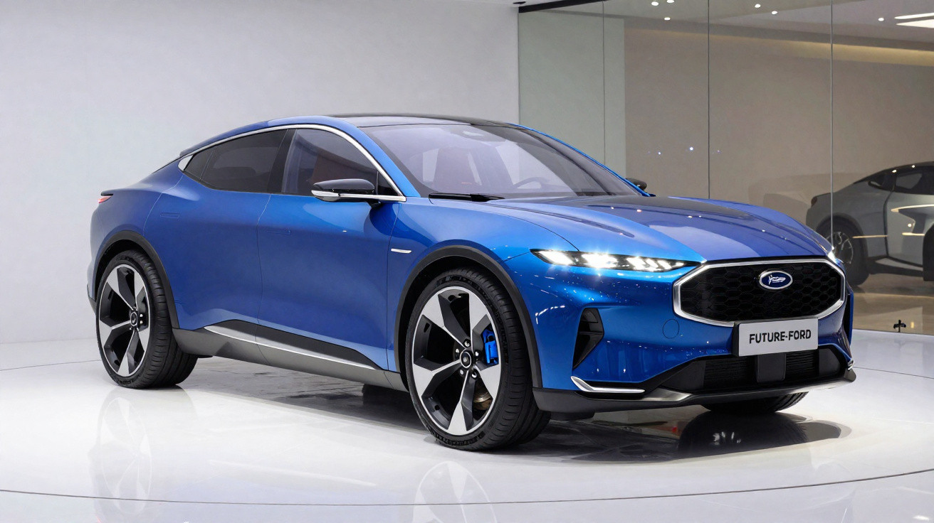 Blauer, moderner Ford Elektro-SUV mit sportlichem Design und LED-Scheinwerfern in heller Ausstellungshalle.