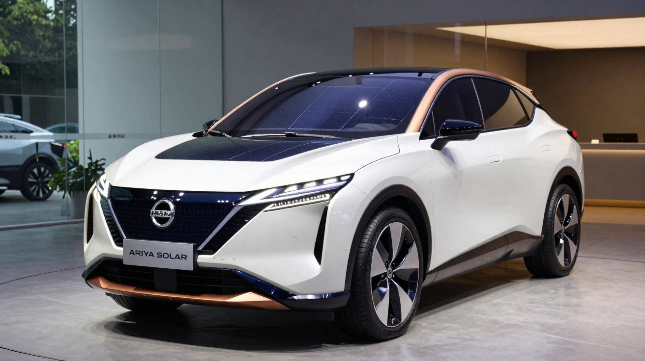 Weißes Nissan Ariya Solar Elektroauto mit Solarpanelen auf der Motorhaube, ausgestellt in einem Showroom.