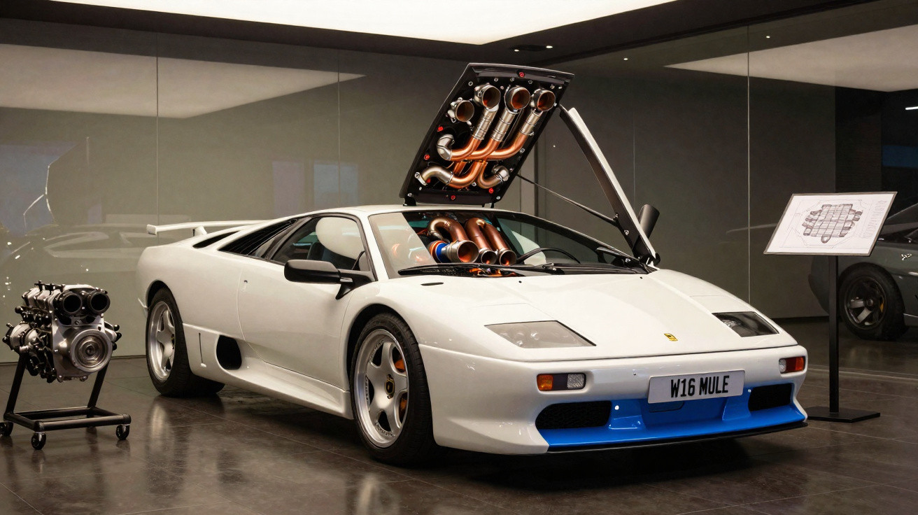 Weißer Supersportwagen mit offenem Motorabteil und sichtbarem V16-Motor im Museumsausstellungsraum.
