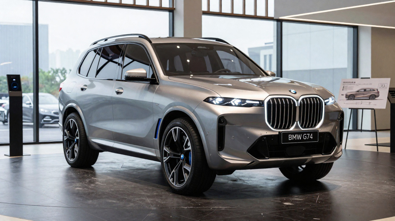 Silberner BMW G74 SUV in modernem Showroom mit großen Fenstern und hellen Innenräumen.