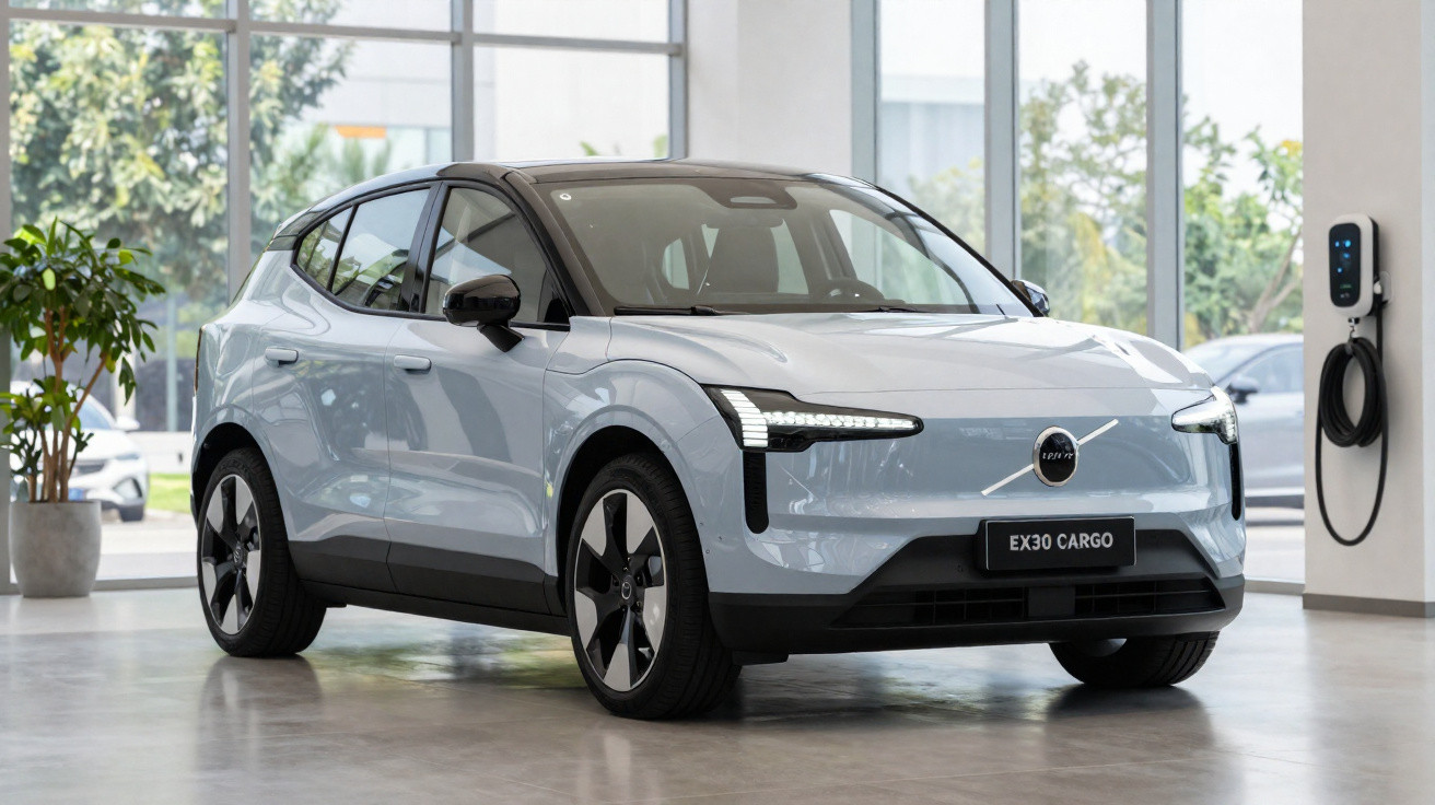 Hellblaues Elektroauto Polestar EX30 Cargo in modernem Showroom neben Ladestation stehend