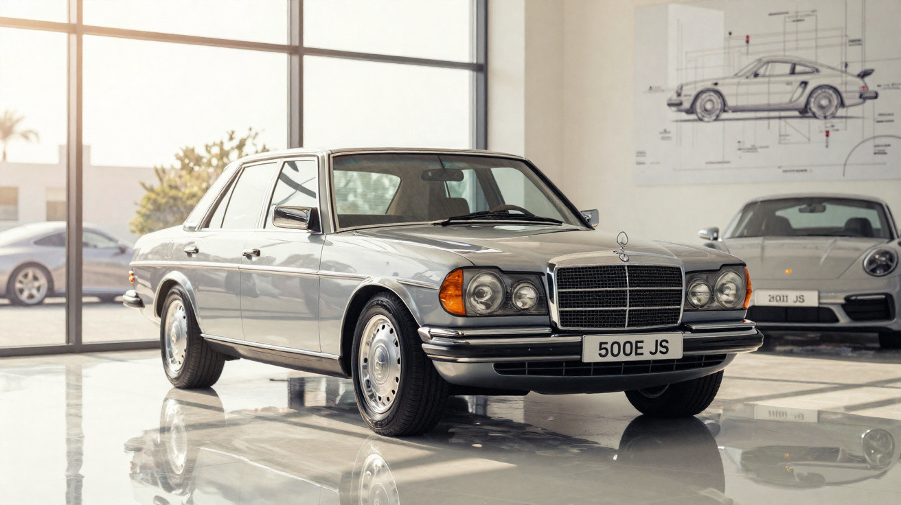 Silberner klassischer Mercedes-Benz 500E Limousine in einem modernen Museum mit weiteren Sportwagen im Hintergrund.