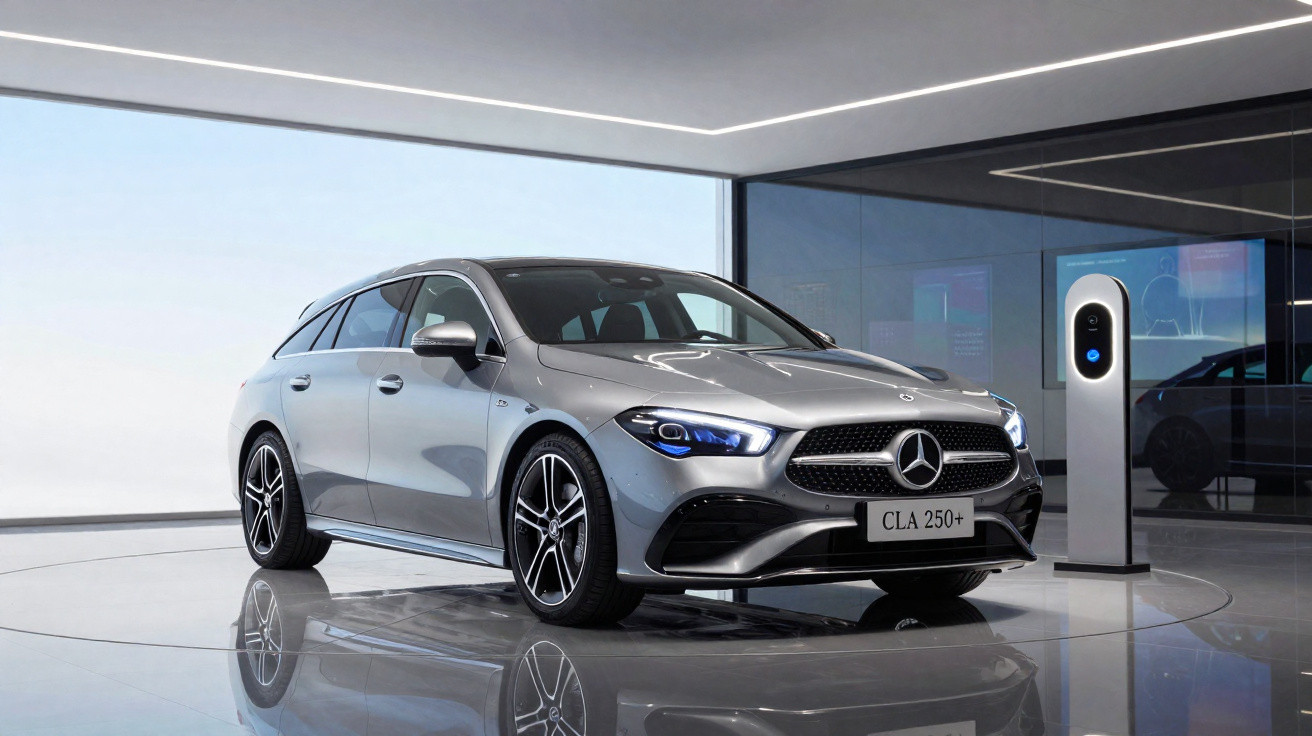Silberner Mercedes CLA 250+ vor Ladestation in modernem, hellem Ausstellungsraum mit Reflexion.