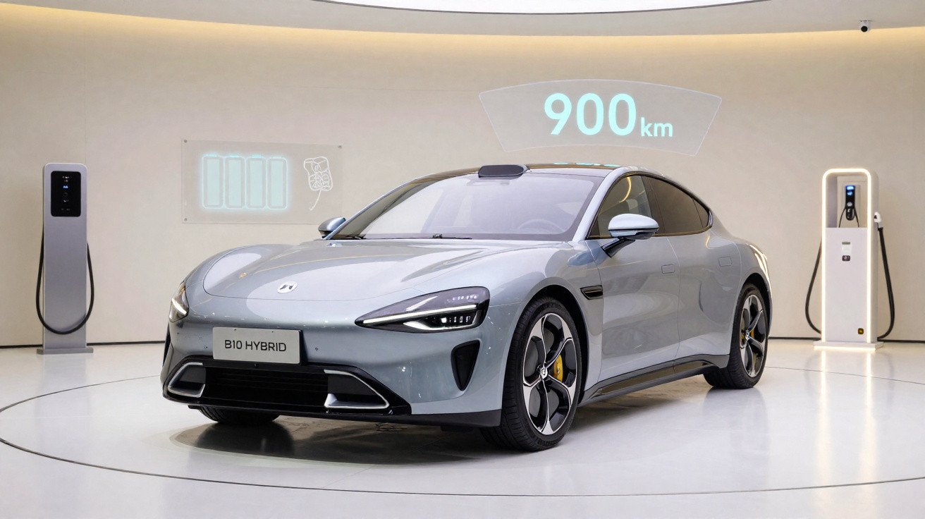 Silberner Elektro-Hybridwagen vor Ladesäulen mit Reichweitenanzeige von 900 km in modernem Raum.