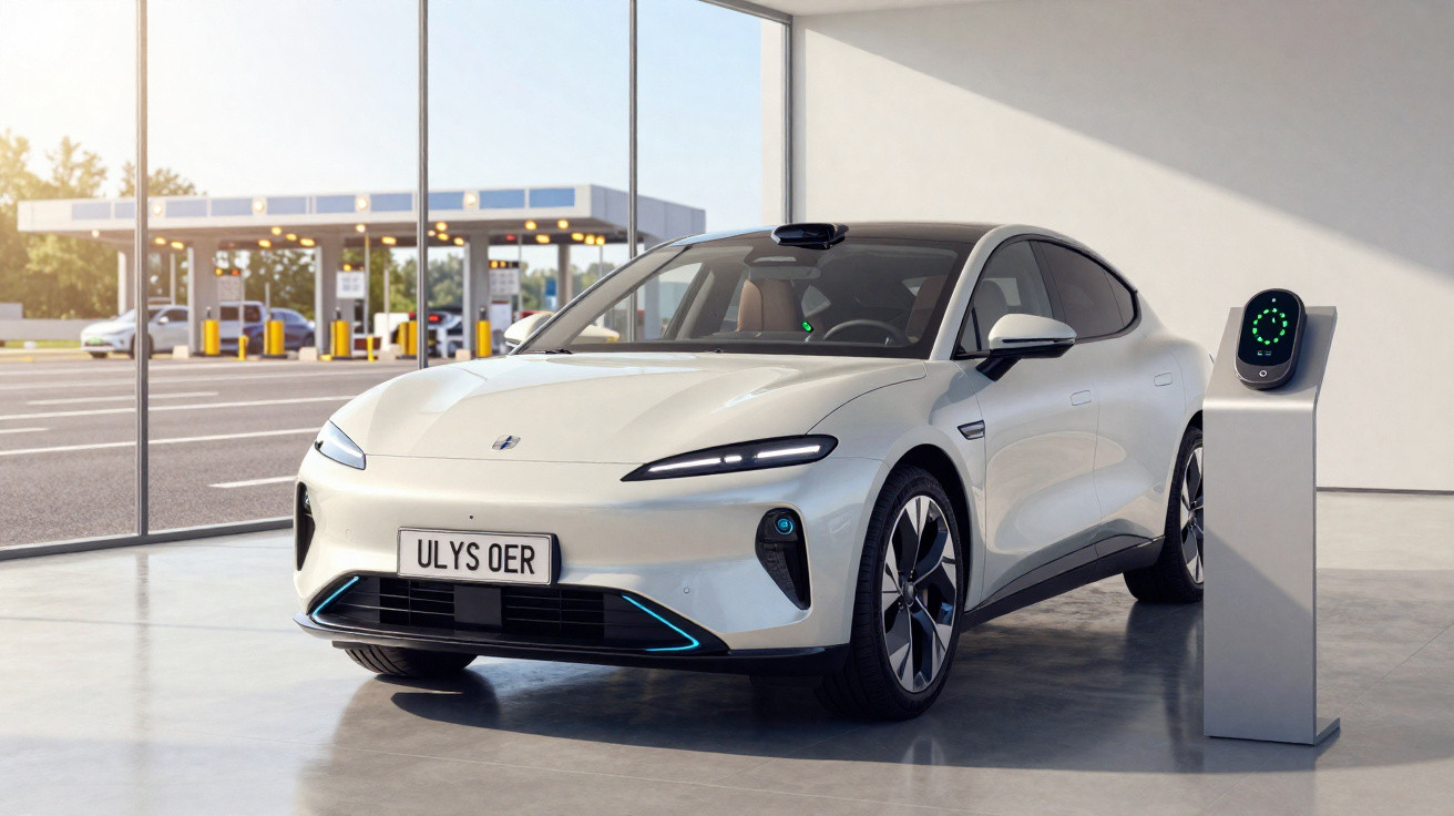 Weißes Elektroauto lädt an Ladestation in modernem Raum mit großer Fensterfront.