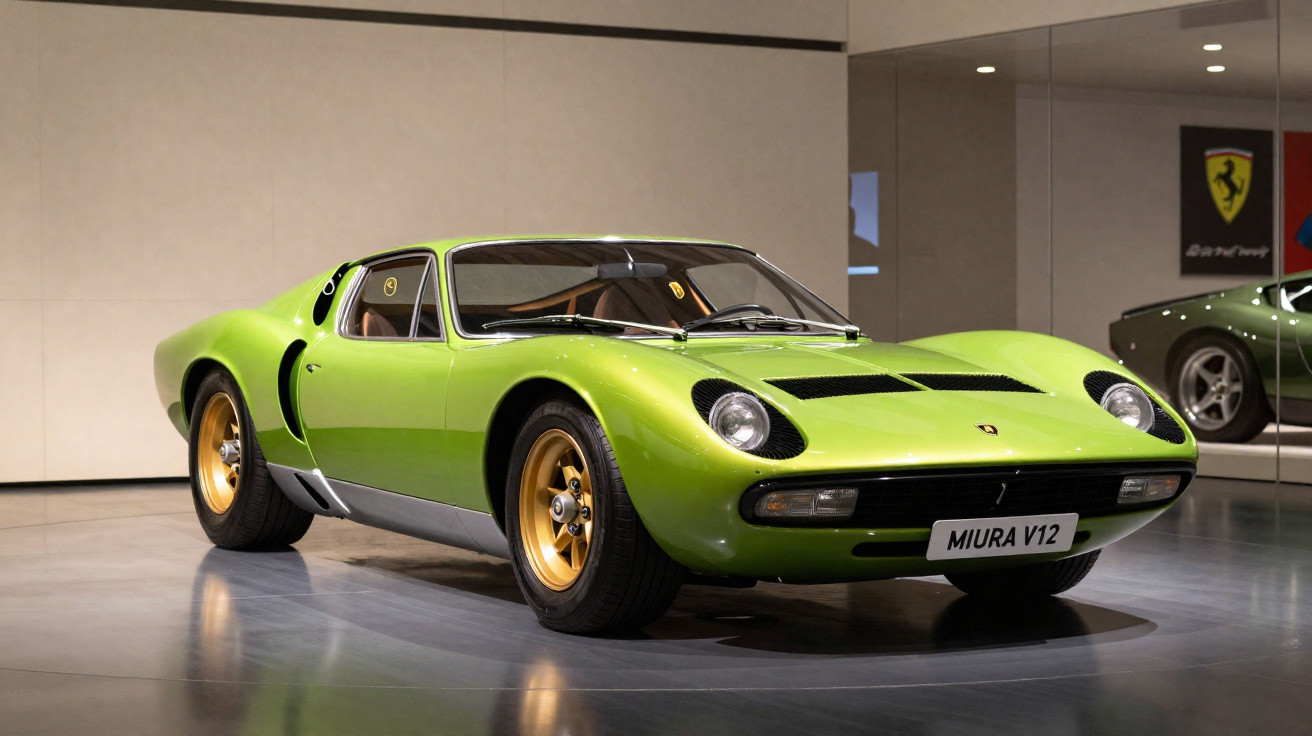Grüner Lamborghini Miura V12 Sportwagen mit goldfarbenen Felgen in Ausstellungshalle.
