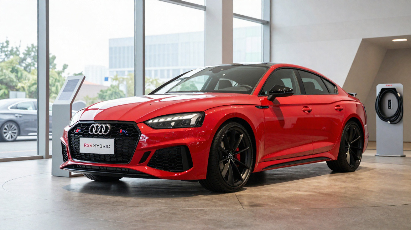 Roter Audi RS5 Hybrid Sportwagen in Ausstellungsraum neben Ladestation und großen Fenstern.