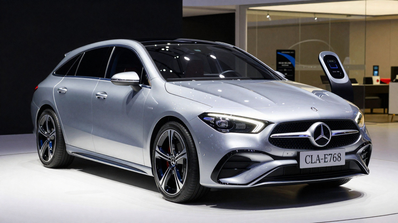 Silberner Mercedes-Benz CLA-E768 Kombi auf Messe, sportliches Design und LED-Scheinwerfer, Ladestation im Hintergrund.