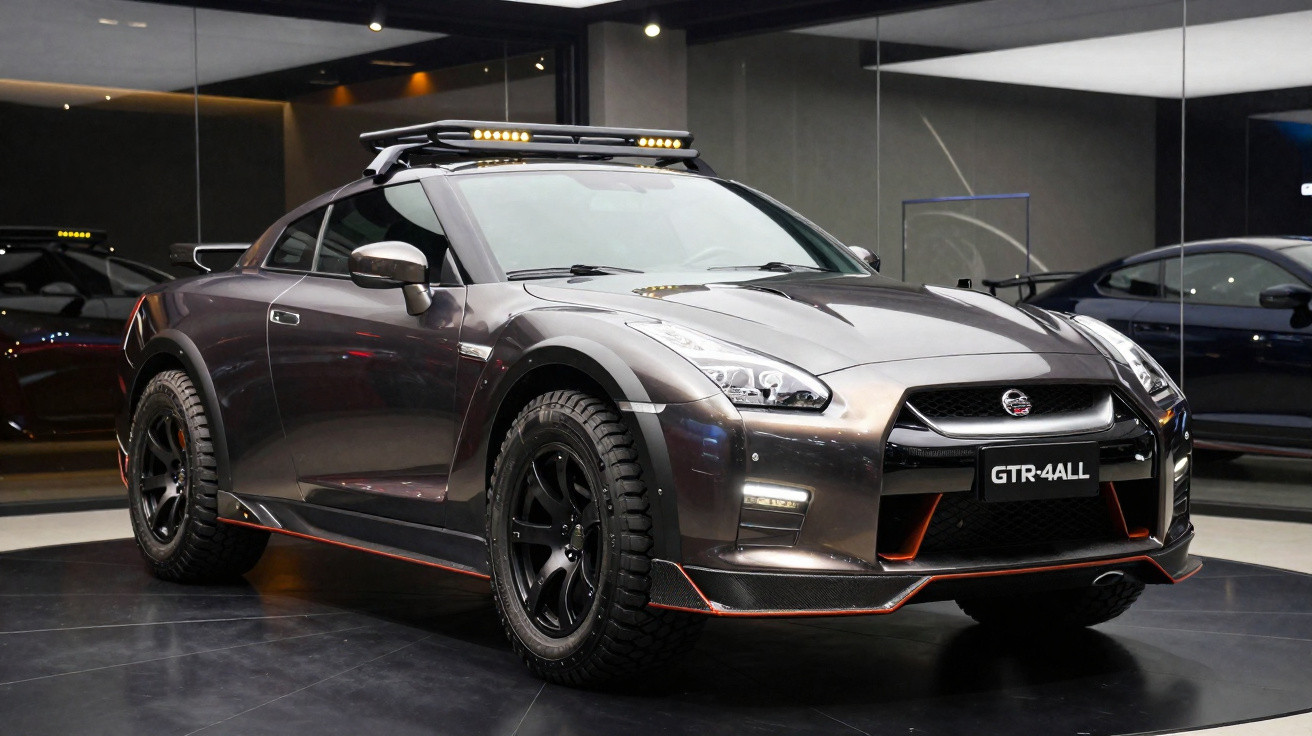 Sportlicher grauer Nissan GTR mit Offroad-Reifen und LED-Leisten auf dem Dach in einem Showroom.