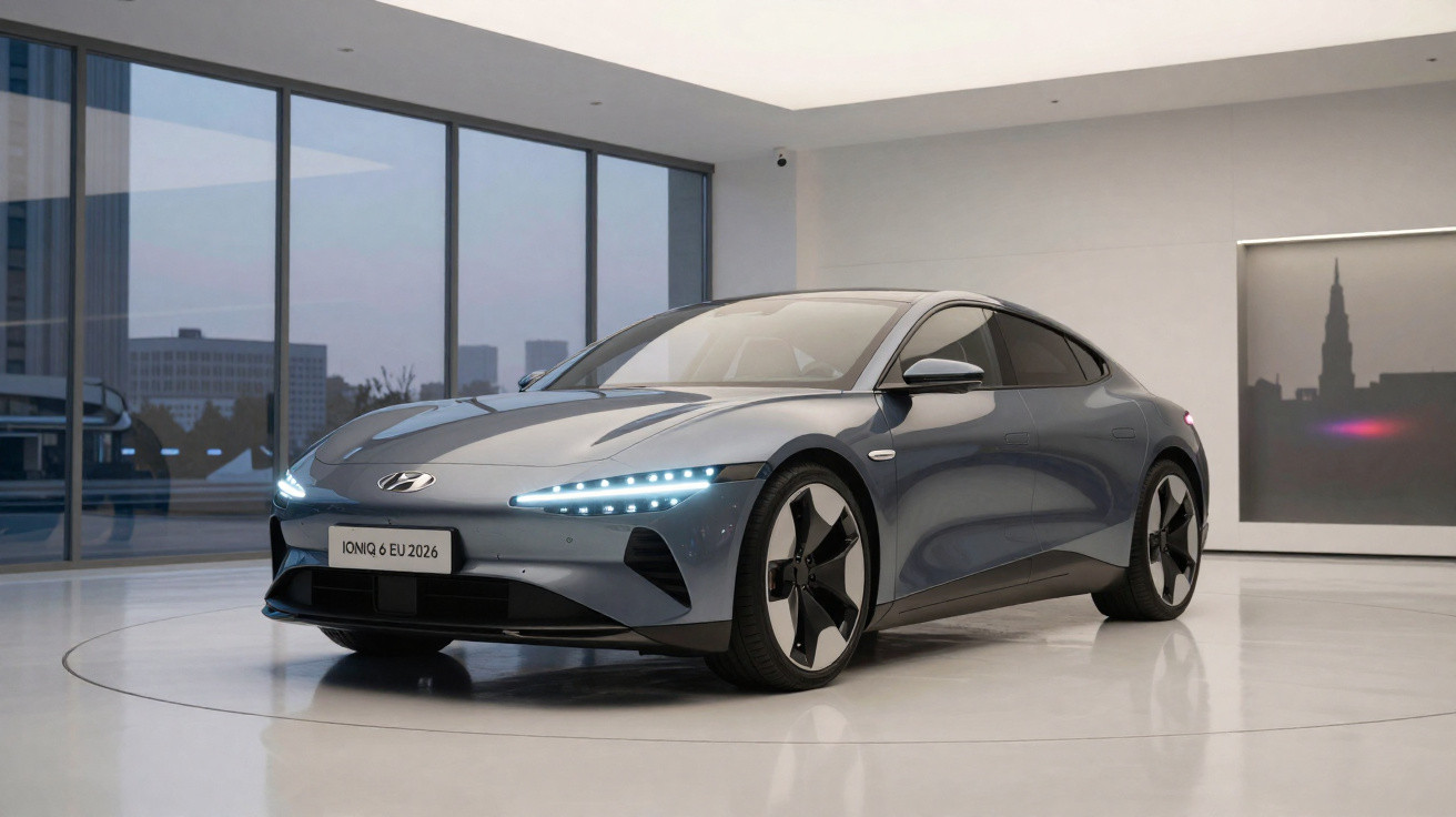 Blauer Hyundai Ioniq 6 Elektroauto mit leuchtenden LED-Scheinwerfern in modernem Showroom auf Drehscheibe.