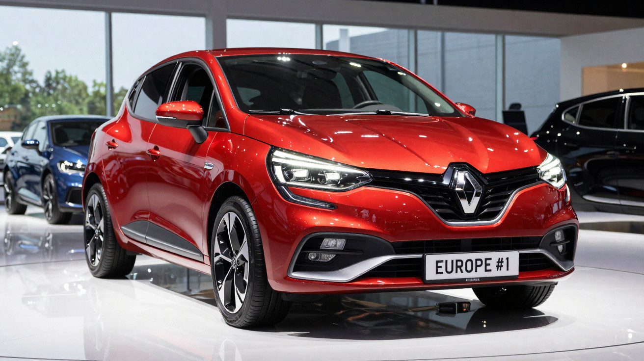 Roter Renault Kleinwagen mit EU-Nummernschild auf Messe in modernem Ambiente.