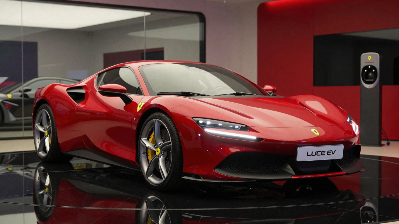 Roter Ferrari Luce EV Sportwagen in Ausstellung mit schwarzem Boden und Ladestation im Hintergrund.