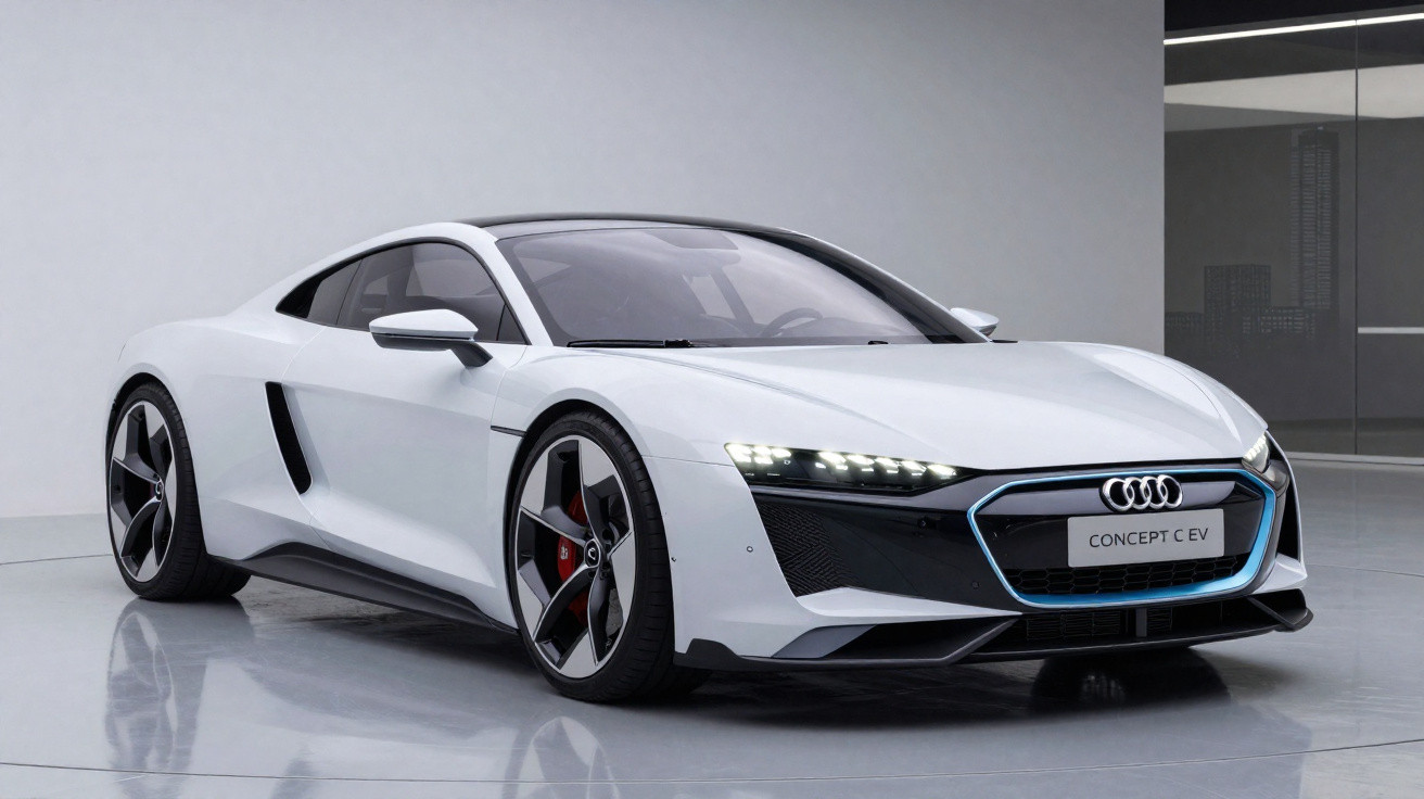 Weißer Audi Concept C EV Sportwagen in einer hellen, modernen Ausstellungsfläche.
