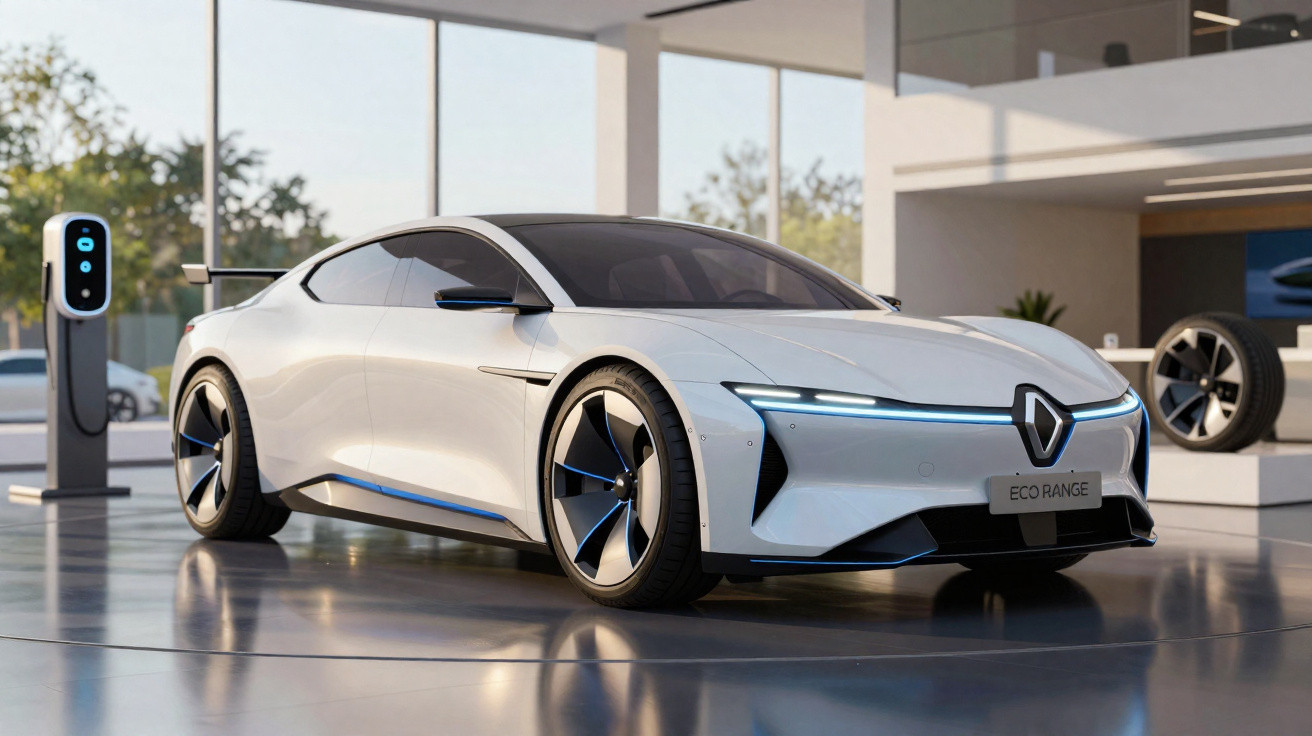 Weißes Elektroauto von Renault mit futuristischem Design in modernem Showroom neben Ladestation.