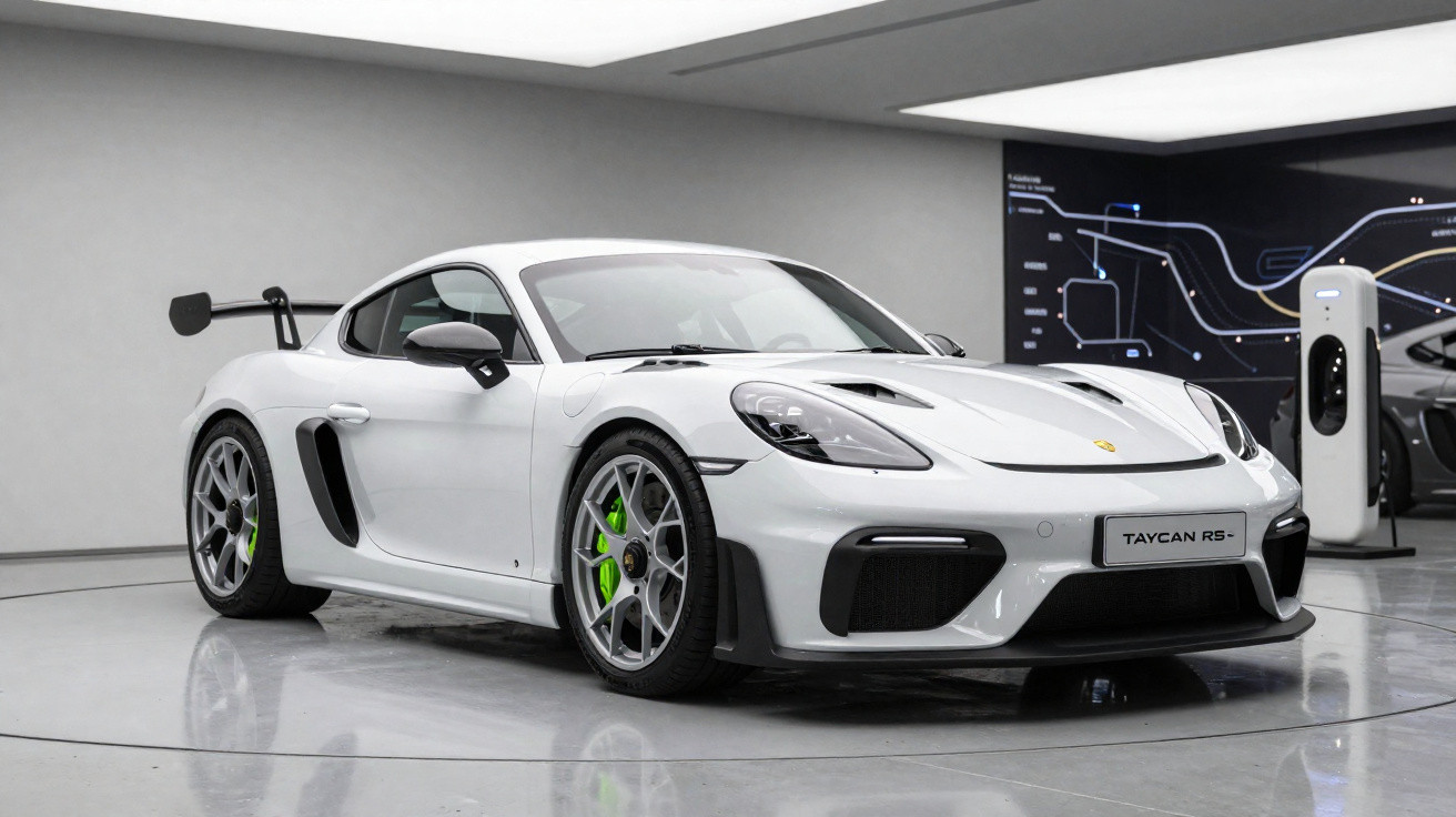 Weißer Porsche Taycan RS Sportwagen in moderner Ausstellungshalle mit Ladestation im Hintergrund