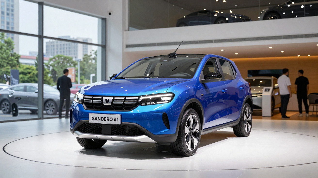 Blauer Dacia Sandero #1 in einem modernen Autohaus auf einer Drehbühne mit mehreren Besuchern im Hintergrund.