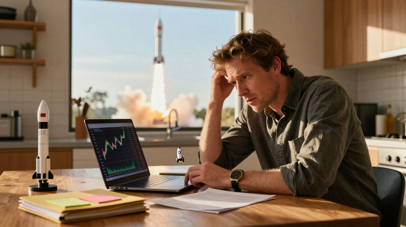 Mann am Küchentisch analysiert Aktienkurse auf Laptop, im Hintergrund startet eine echte Rakete durchs Fenster.