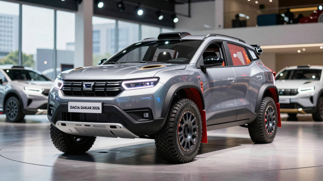Silberner Dacia Dakar 2026 Geländewagen mit großen Reifen und LED-Scheinwerfern in einem Autohaus.