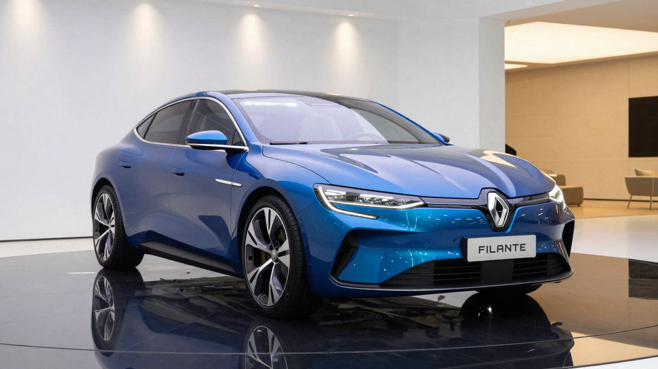 Blauer Renault Filante Elektro-Sportwagen auf glänzendem schwarzen Boden in moderner Ausstellungshalle.