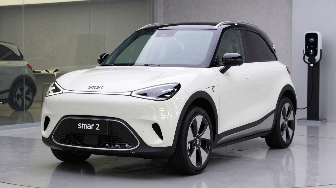 Weißer Smart EV Elektro-Kleinwagen am Ladegerät in modernem Showroom mit Glas- und Betonwänden.