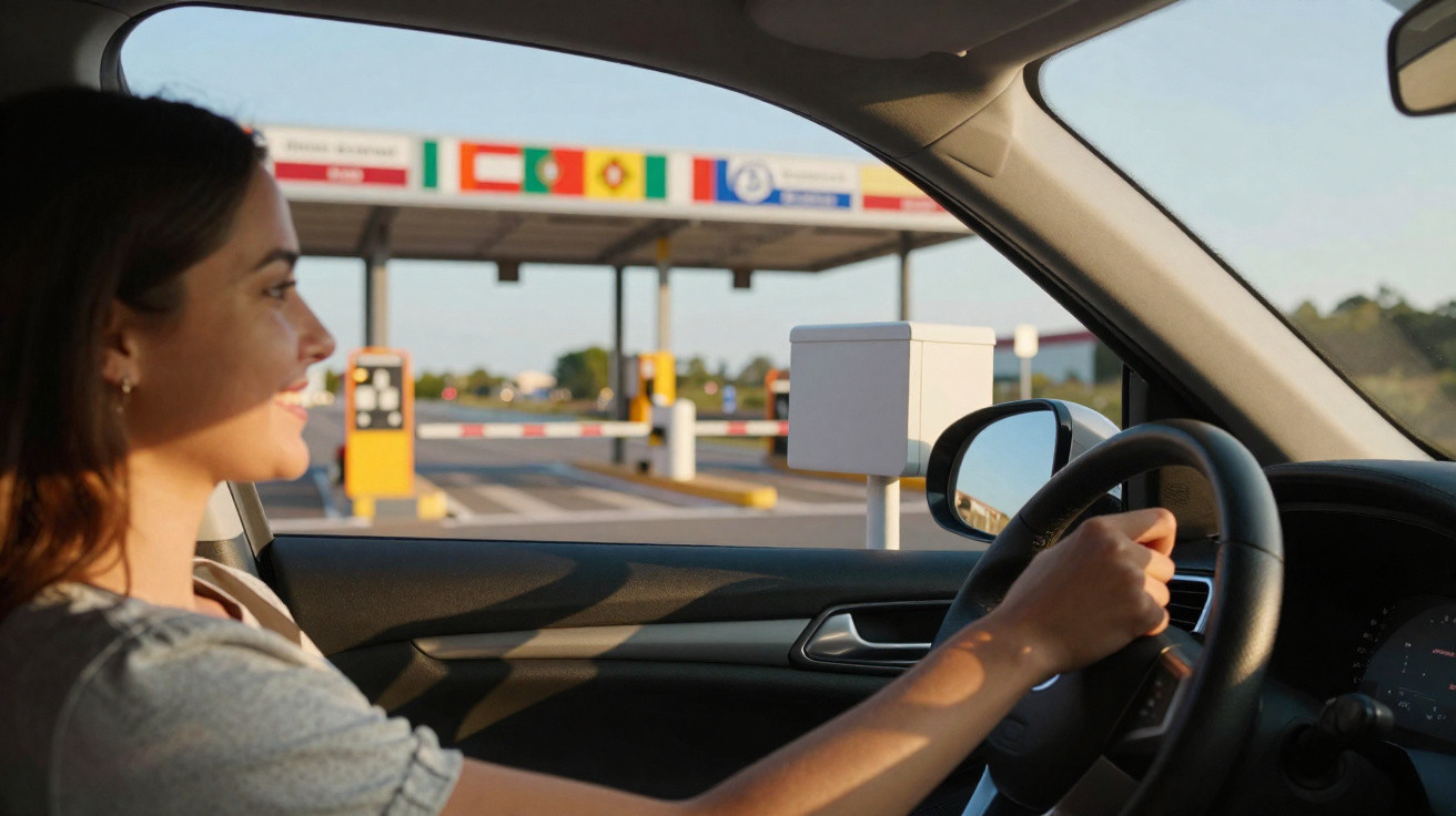 Frau fährt Auto und nähert sich einer Mautstation mit Schranke an einem sonnigen Tag.