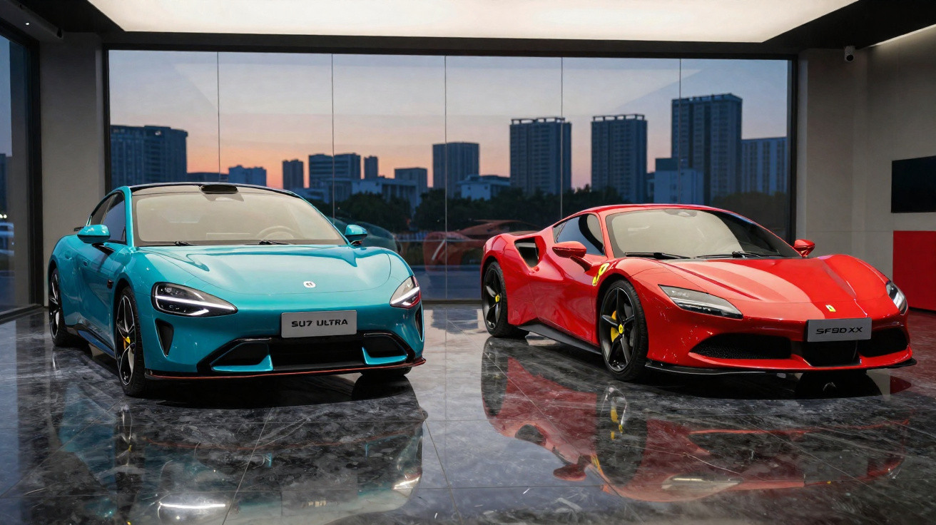 Blauer Su7 Ultra und roter Ferrari SF90 XX Sportwagen in modernem Showroom vor Stadtpanorama bei Dämmerung.