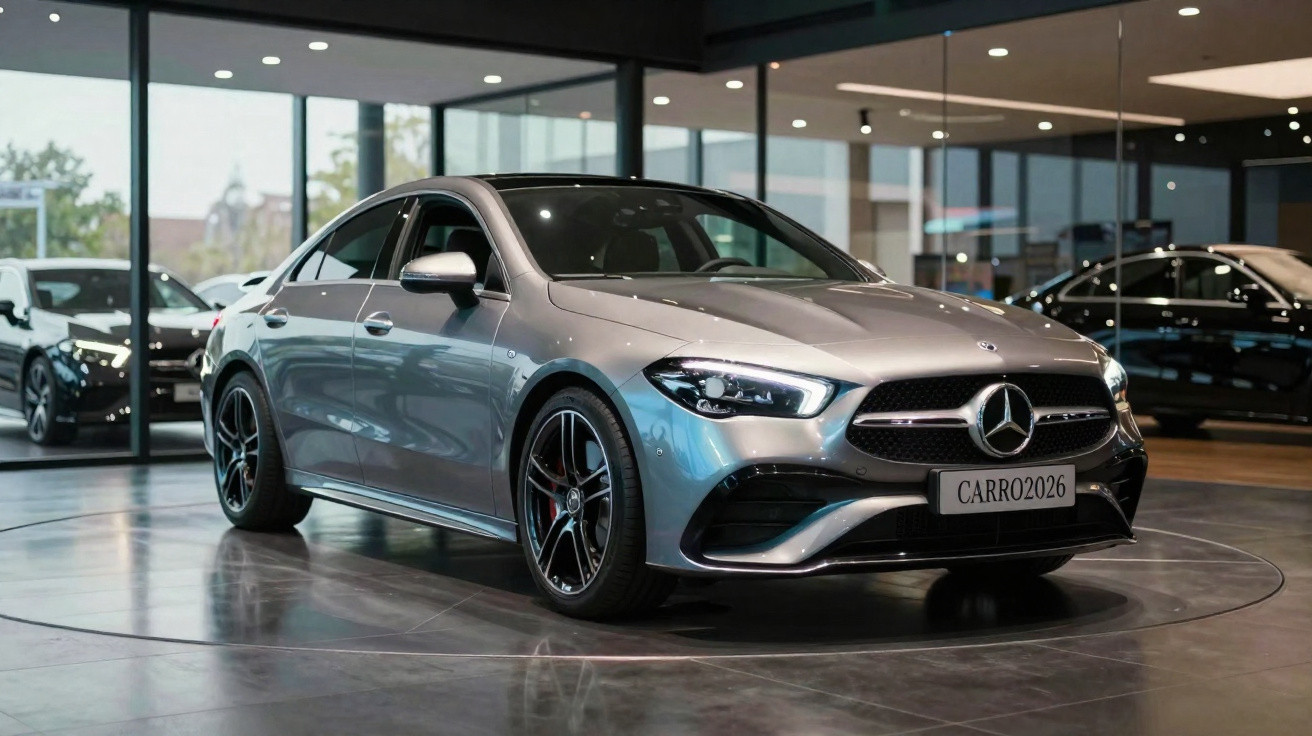 Silberner Mercedes-Benz Limousine im Showroom mit großen Fenstern und reflektierendem Boden.