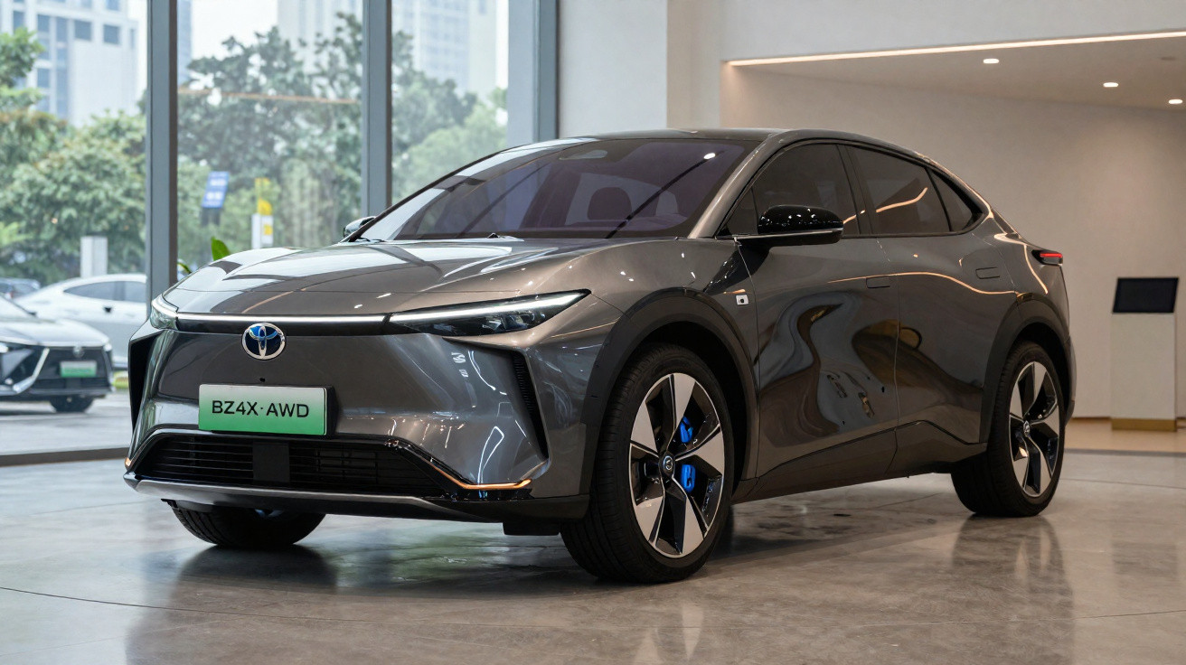 Grauer Toyota BZ4X AWD Elektro-SUV steht in modernem Showroom mit großen Fenstern.