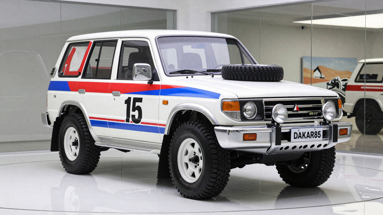Weißer Geländewagen mit Nummer 15, Rallye-Streifen und Ersatzreifen auf der Motorhaube in Ausstellungshalle.