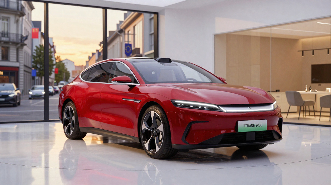 Roter, moderner Elektro-Limousinenwagen im Showroom mit großen Fenstern und städtischer Umgebung im Hintergrund.