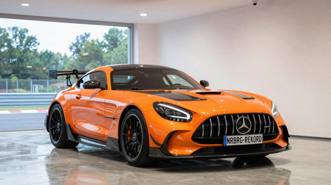 Oranger Mercedes-AMG GT mit schwarzem Design und Spoiler in modernem Raum vor großer Fensterfront.