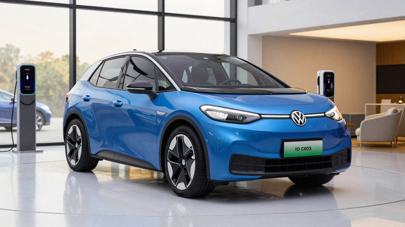 Blauer Volkswagen ID. CROZZ Elektro-SUV in modernem Ausstellungsraum mit Ladestationen im Hintergrund.