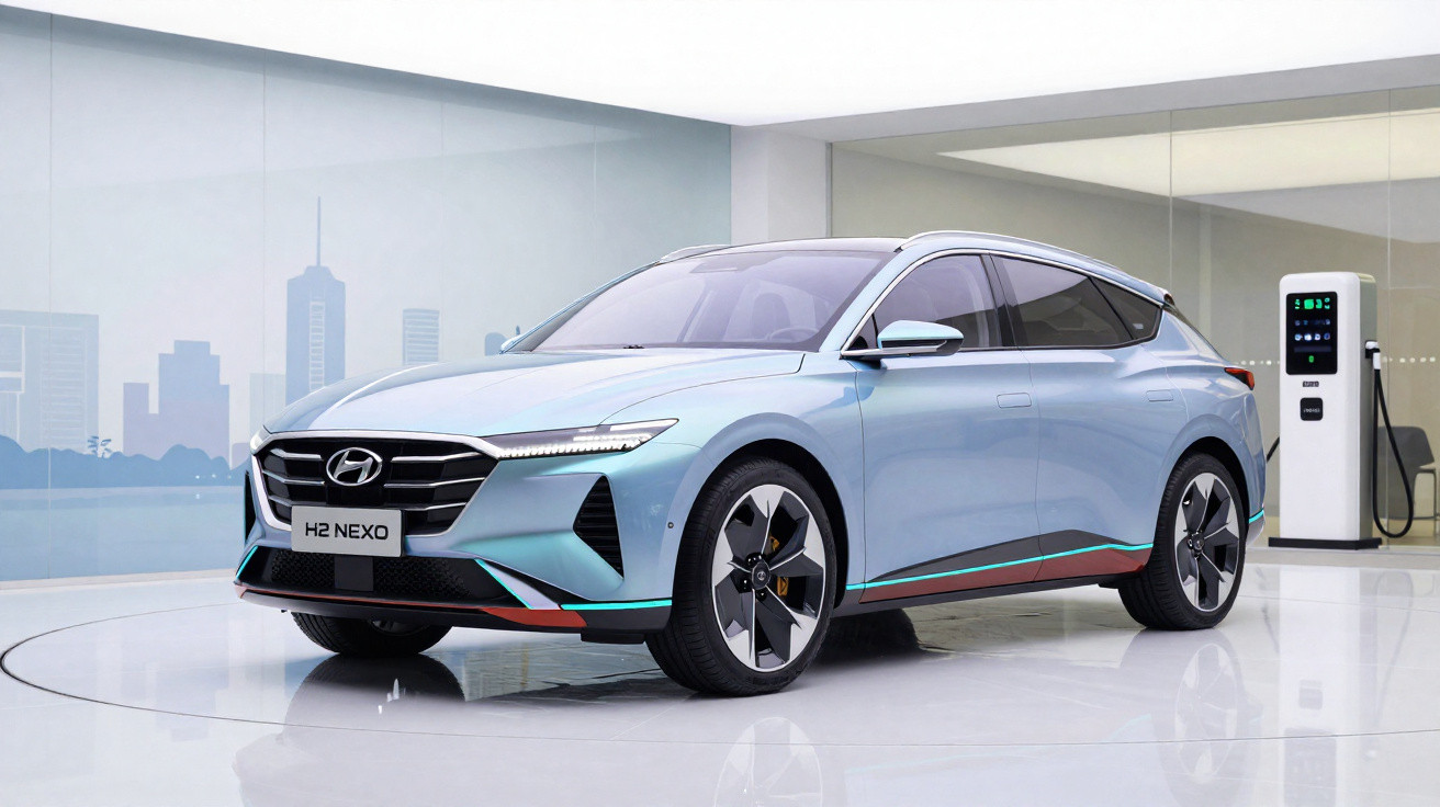 Hellblauer Hyundai Nexo Wasserstoff-SUV neben Ladestation in modernem Showroom mit Stadt-Silhouette im Hintergrund