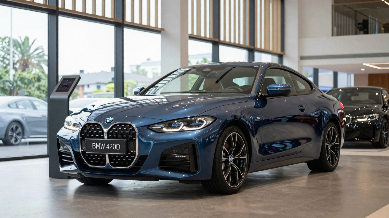 Blaues BMW 420D Coupé im Showroom mit großen Fenstern und anderen Fahrzeugen im Hintergrund.