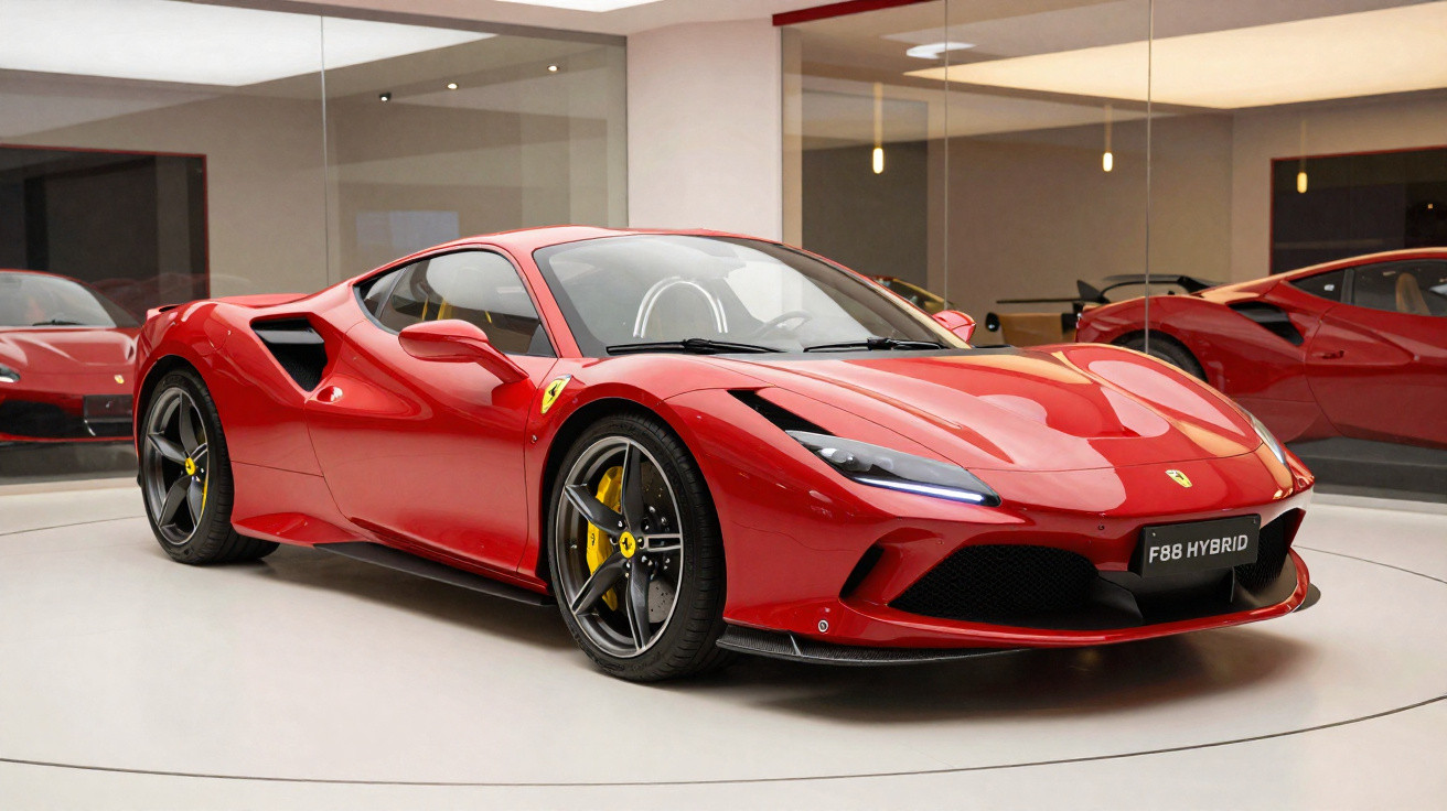 Roter Ferrari F8 Hybrid Sportwagen in einem modernen Ausstellungsraum mit Spiegelwänden.