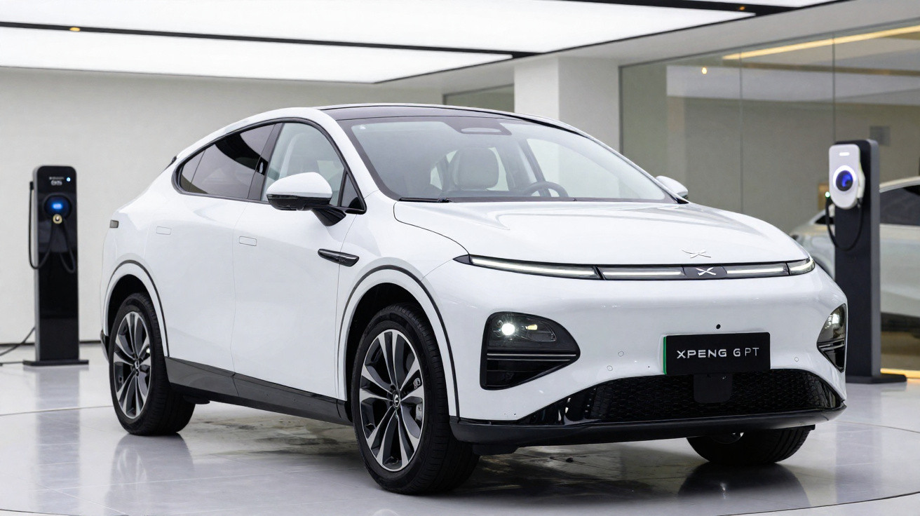 Weißes Elektroauto XPeng GPT in moderner Ausstellung mit Ladegeräten im Hintergrund.