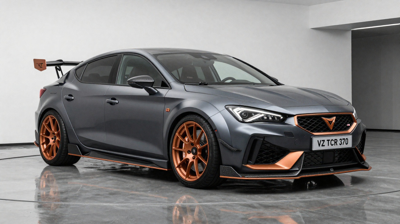 Sportlicher grauer Cupra mit orangen Akzenten und Felgen, abgestimmt auf Rennstreckenperformance, in hellem Raum.