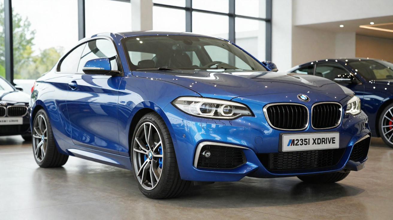 Blauer BMW M235i xDrive Sportwagen in einem hellen Autohaus, frontal im Fokus.
