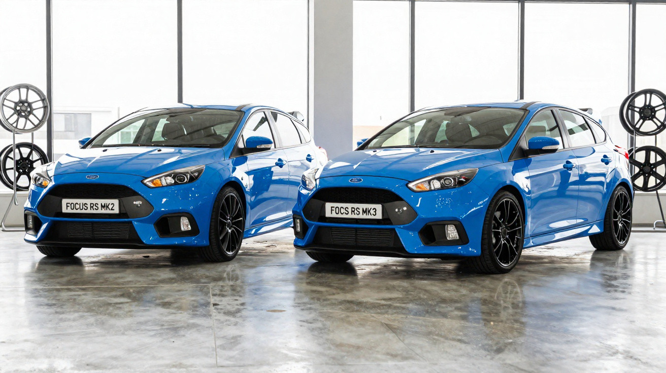 Zwei blaue Ford Focus RS Modelle (MK2 und MK3) nebeneinander in einer hellen Garage mit Felgenständern.