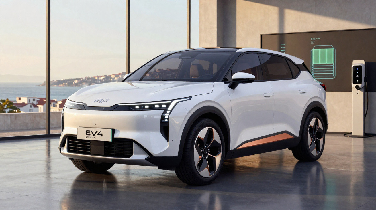 Weißes Elektroauto Kia EV4 in moderner Garage neben Ladestation mit Küstenblick bei Sonnenuntergang.