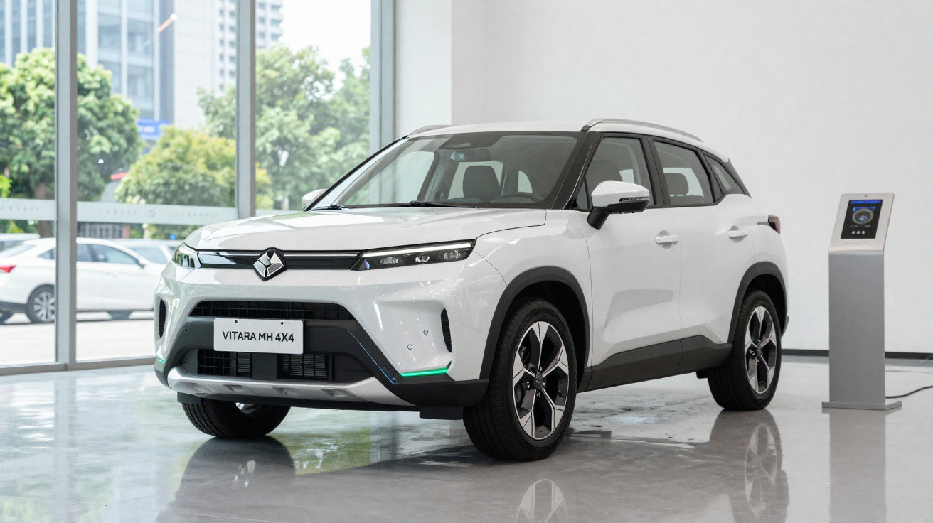 Weißer Elektro-SUV Suzuki Vitara MH 4x4 in einem modernen Ausstellungsraum neben einer Ladestation.