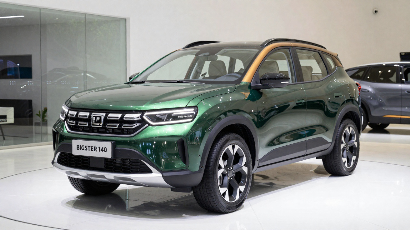 Grüner SUV Dongfeng Bigster 140 mit schwarzem Dach und silbernen Akzenten in hell erleuchtetem Showroom.