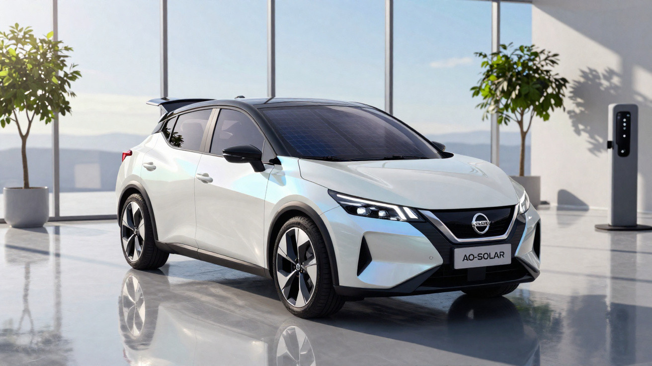 Weißes Elektroauto vor großen Fenstern in modernem Raum mit Solarladestation und Pflanzen.