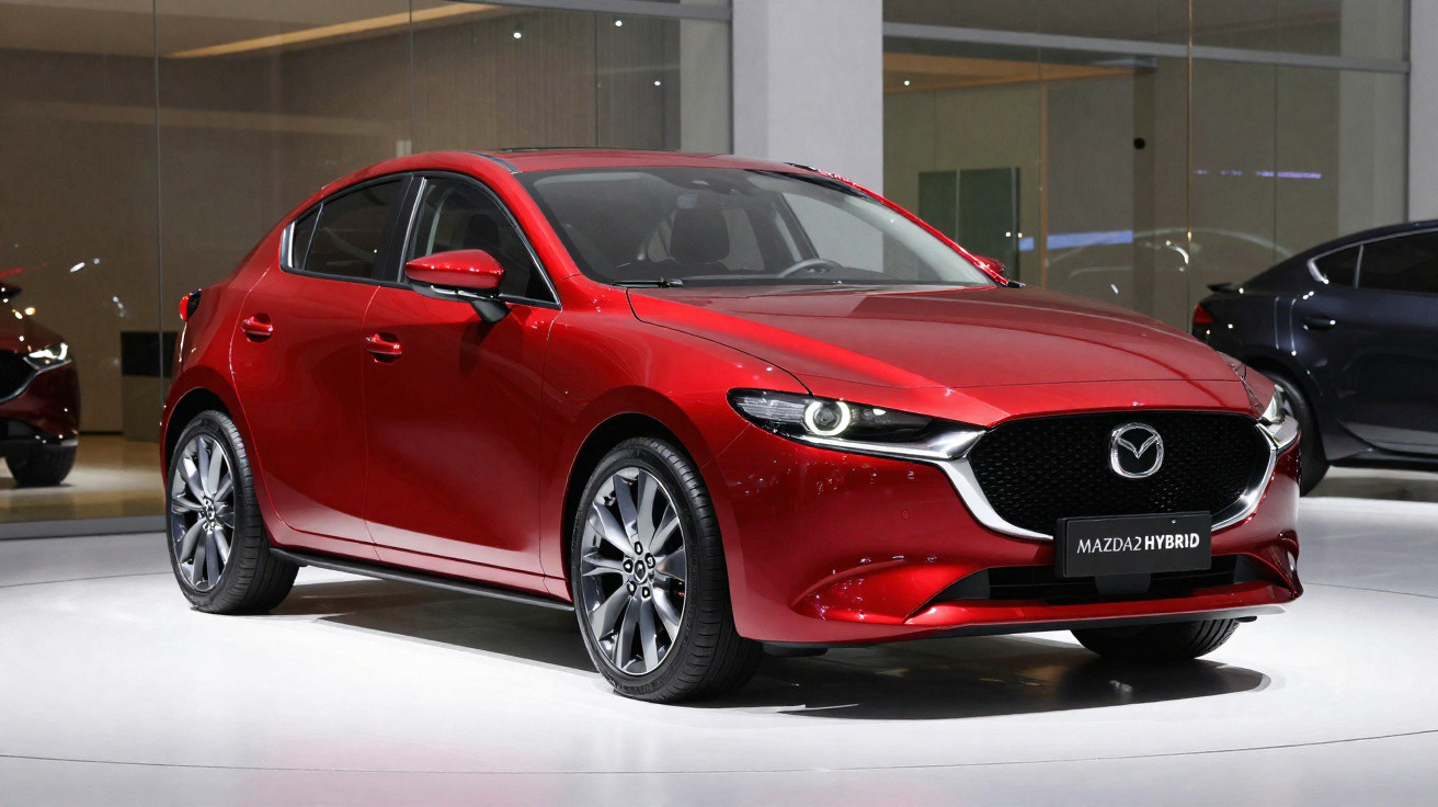 Roter Mazda 2 Hybrid Kleinwagen in Ausstellungshalle mit modernen Scheinwerfern und sportlichem Design.