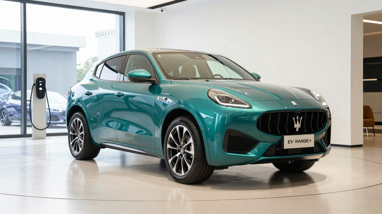 Türkisfarbener Maserati EV Range+ Elektro-SUV in modernem Showroom mit Ladestation im Hintergrund.