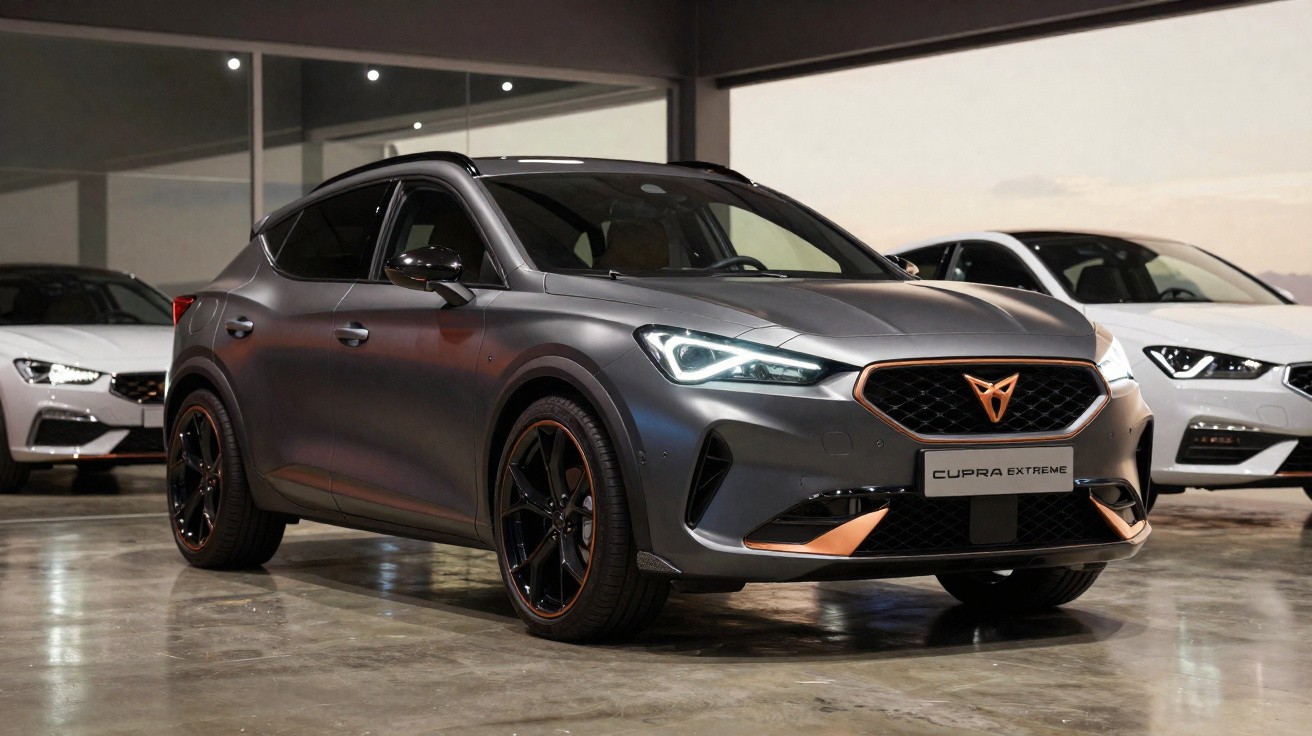 Grauer Cupra Extreme SUV mit LED-Scheinwerfern in moderner Halle, im Hintergrund zwei weiße Autos.